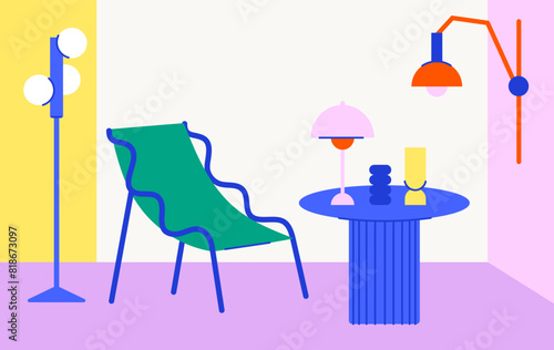 Danish indoor interior flat scene. Contemporary room with furniture lamps and decor vector illustration. Cozy apartments in midcentury minimalist style