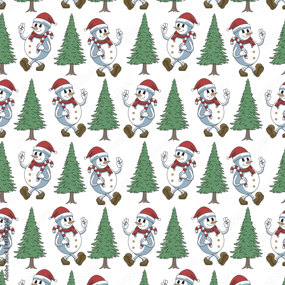 Seamless Merry Christmas Happy New Year Pattern Cute Cartoon Retro Vector Illustration Style with Snowman Christmas Tree Character pattern set for fabric, linen, textiles and wallpaper Seamless Merry Christmas Happy New Year Pattern Cute Cartoon Retro Vector Illustration Style with Snowman Christmas Tree Character pattern set for fabric, linen, textiles and wallpaper