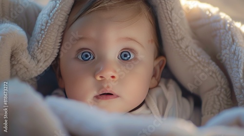 A beautiful baby peeks out from under the blanket, a close-up portrait.