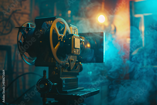 An old-fashioned movie projector in a dark room with blue smoke