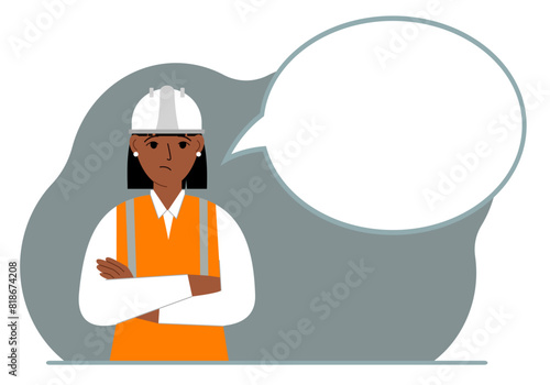 A female builder in a white helmet and vest, next to a white bubble of thoughts. Plans, thoughts, places, strategies. Vector flat illustration.