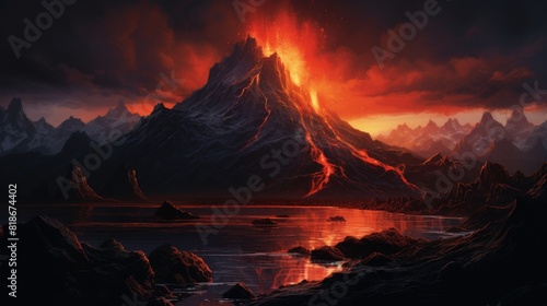 illuminated mountain peak with lava flowing into a lake
