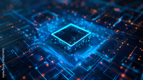 Abstract background of futuristic main processor chip with circuit lines. Bright area. Square stand. Bright stage. Exhibition area. Central axis. Demonstration place. 3D rendering.