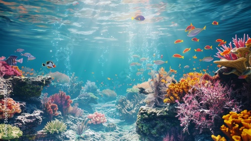 Underwater Scene with Diverse Coral and Fish in Blue Tones  Perfect for Aquariums and Nature Documentaries