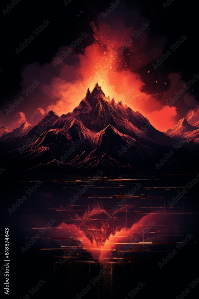 illuminated mountain peak with lava flowing into a lake