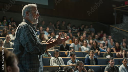 Expert lecturer passionately conveys knowledge to a hall full of engaged students.