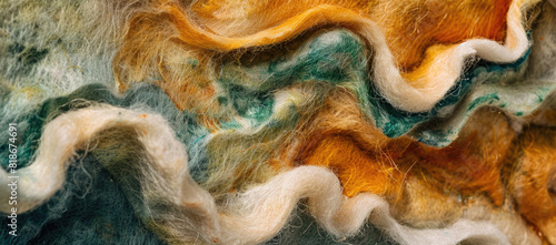 Closeup of soft and curly wool texture with a mix of mustard, teal, green and orange photo