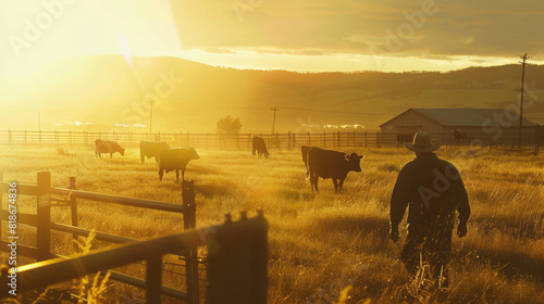 A rancher at sunrise surveys his grazing cattle, embracing the tranquility of rural life.
