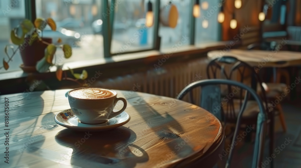 Morning light bathes a café, featuring a steaming cup of latte on a counter. Morning light bathes a café, featuring a steaming cup of latte on a counter.