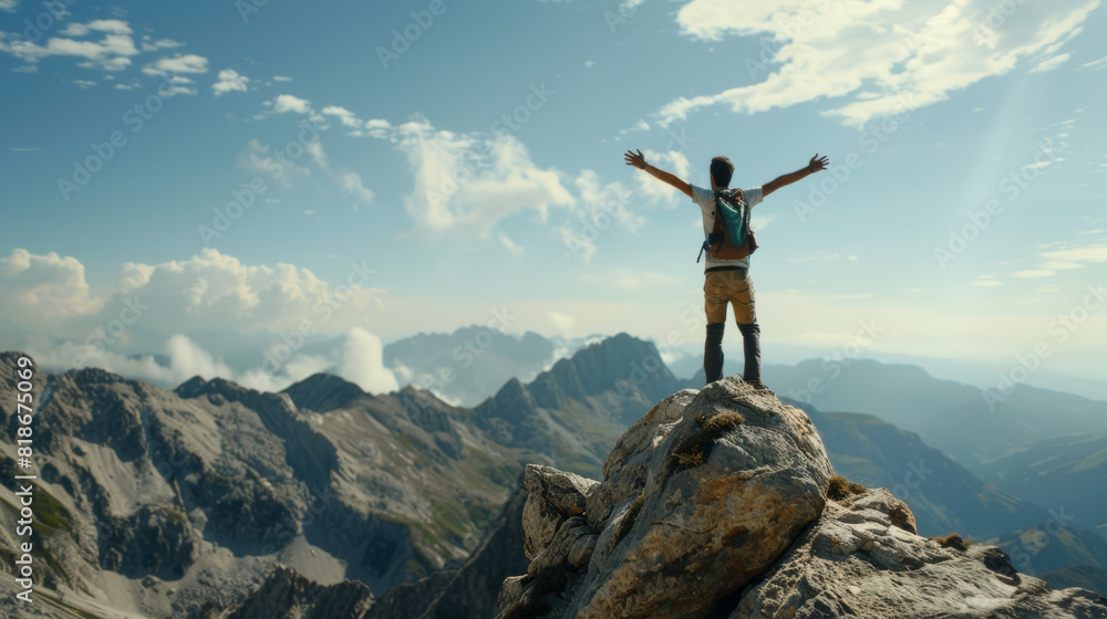 Hiker with backpack rejoices, arms wide open overlooking a sun-kissed mountain range.
