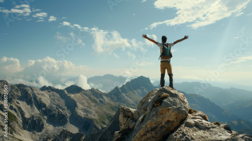 Hiker with backpack rejoices, arms wide open overlooking a sun-kissed mountain range.