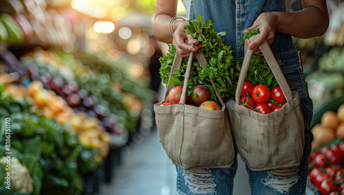 A photo of an eco-friendly market, with people shopping with jute tote bags filled with fresh produce and organic products. The scene is vibrant and colorful. Created with Ai