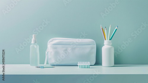 Pencil case with stationery and bottle of sanitizer 