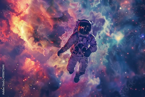astronaut space nebulae stars galaxy cosmos floats spaceman digital art vibrant colorful surreal astronomy universe cosmic science fiction  photo