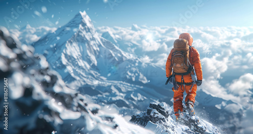 Climber on his way to the top of Mount Everest in orange clothes and complete equipment.