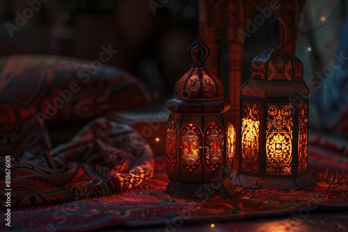 A beautiful composition of traditional Arabic lanterns glowing in the dark, casting warm light and intricate patterns on an old fabric table with soft lighting