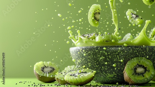  3D render of Kiwis being blended and poured into a salad bowl,longest shot on solid colour background