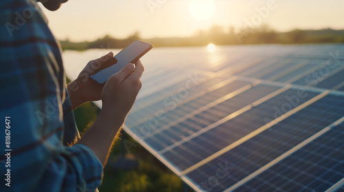Close-up of young engineer's hand analyzing data on solar panel, phone background In the solar power station, clean, renewable energy is installed.