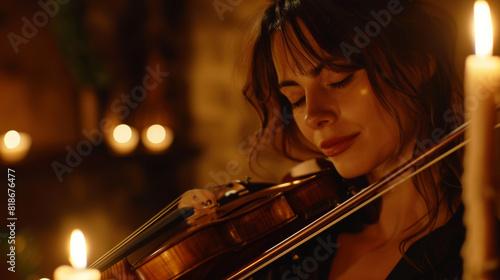 Woman plays violin with a soulful expression, immersed in a candle-lit musical journey.