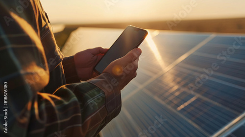 Close-up of young engineer's hand analyzing data on solar panel, phone background In the solar power station, clean, renewable energy is installed.