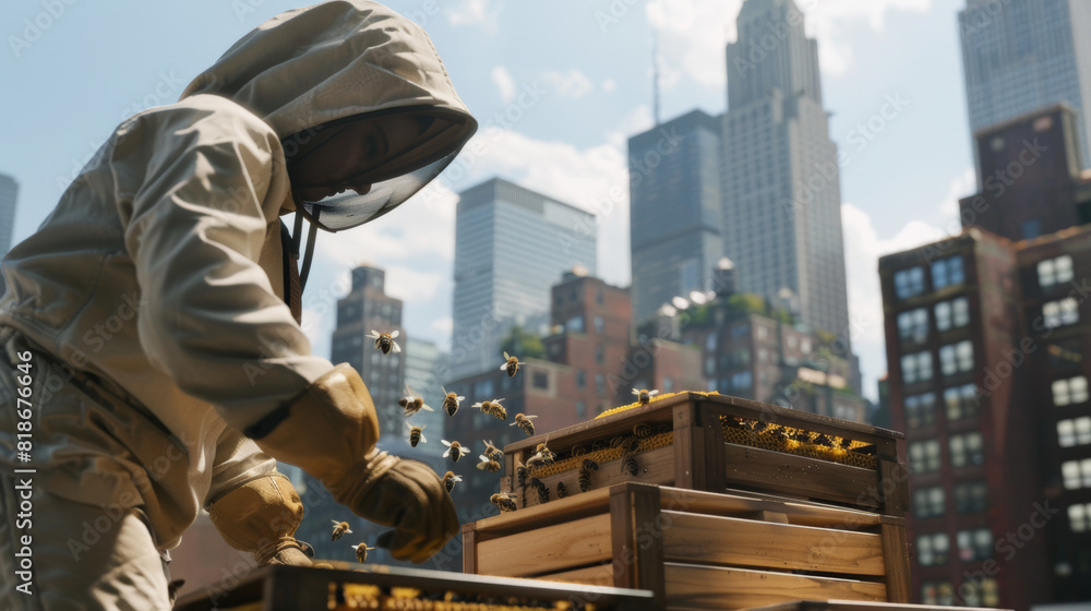 Urban beekeeper attends to hives amidst the city skyline on a sunny day. Urban beekeeper attends to hives amidst the city skyline on a sunny day.
