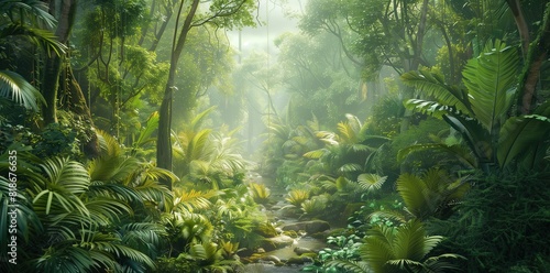 A lush green rainforest with towering trees, dense foliage, and a small stream running through the center of the frame