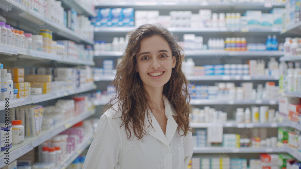 Friendly pharmacist with a welcoming smile stands in a well-stocked pharmacy.