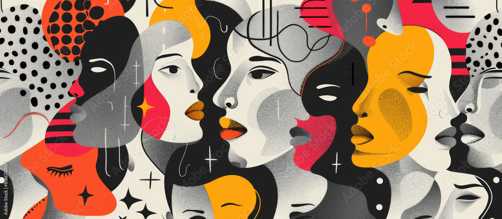 Abstract flat illustration of diverse faces with geometric shapes in bright colors Abstract flat illustration of diverse faces with geometric shapes in bright colors