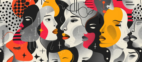 Abstract flat illustration of diverse faces with geometric shapes in bright colors