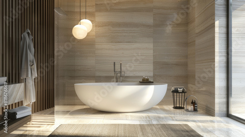 Tranquil modern bathroom with a minimalistic free-standing bathtub and natural light.