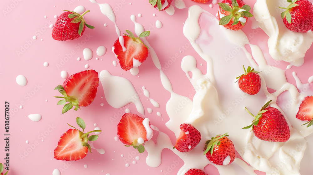 Top view of slices of strawberry on surface of dairy product, food, health, nature Top view of slices of strawberry on surface of dairy product, food, health, nature