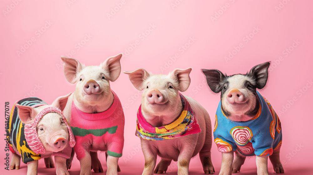 Naklejka premium A striking portrait of a cute piglet wearing a colorful fashion shirt. pink and glasses Web banner with copy space for text
