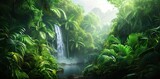 A lush green rainforest with towering trees, exotic plants and waterfalls in the background