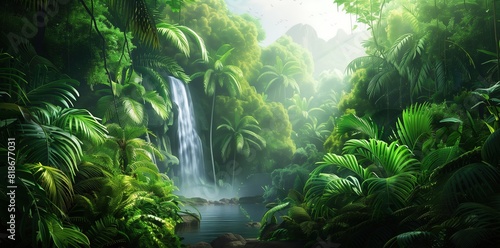 A lush green rainforest with towering trees, exotic plants and waterfalls in the background photo