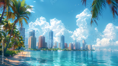 Tropical Urban Scene with High-Rise Buildings, A tropical beach with palm trees and a city in the background 