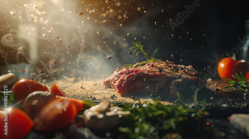 Sunlight catches the golden sprinkle over a sizzling steak amid cooking ingredients. photo