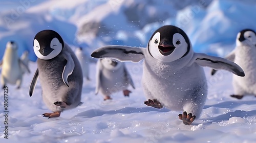 Hilarious baby penguins slipping and sliding on the ice, their awkward steps and flapping wings creating a comical scene.