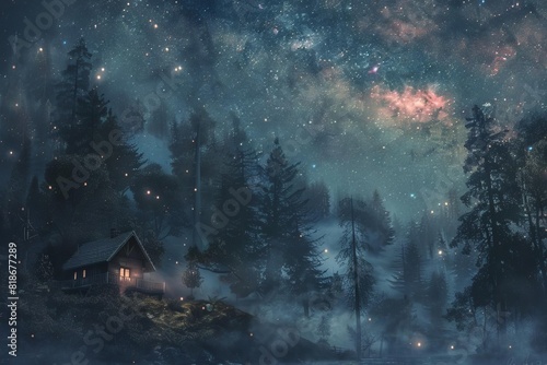 atmospheric night landscape painting secluded cabin woods misty starry sky nature art serene calm solitude escape rustic cozy adventure wanderlust 