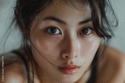 attractive thoughtful young asian woman looking camera pensive contemplative closeup portrait beauty diversity facial expression emotions people 