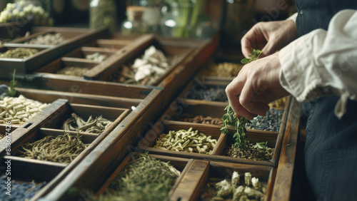 A herbalist selecting fresh ingredients from an assortment of traditional medicinal herbs. photo