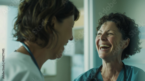 Two healthcare professionals share a joyful moment  embodying compassion in care.
