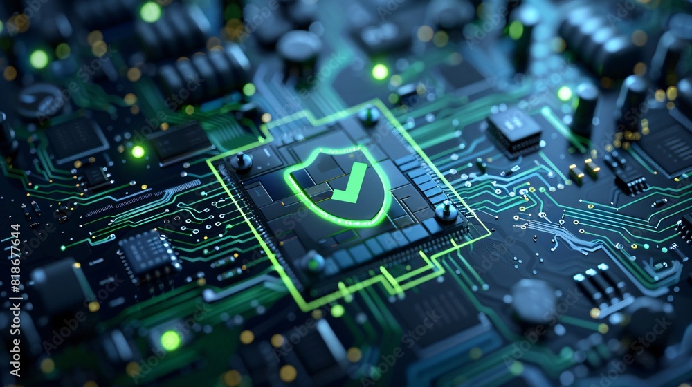 Secure computer hardware motherboard with digital security icon, representing cybersecurity and data protection. Secure computer hardware motherboard with digital security icon, representing cybersecurity and data protection.