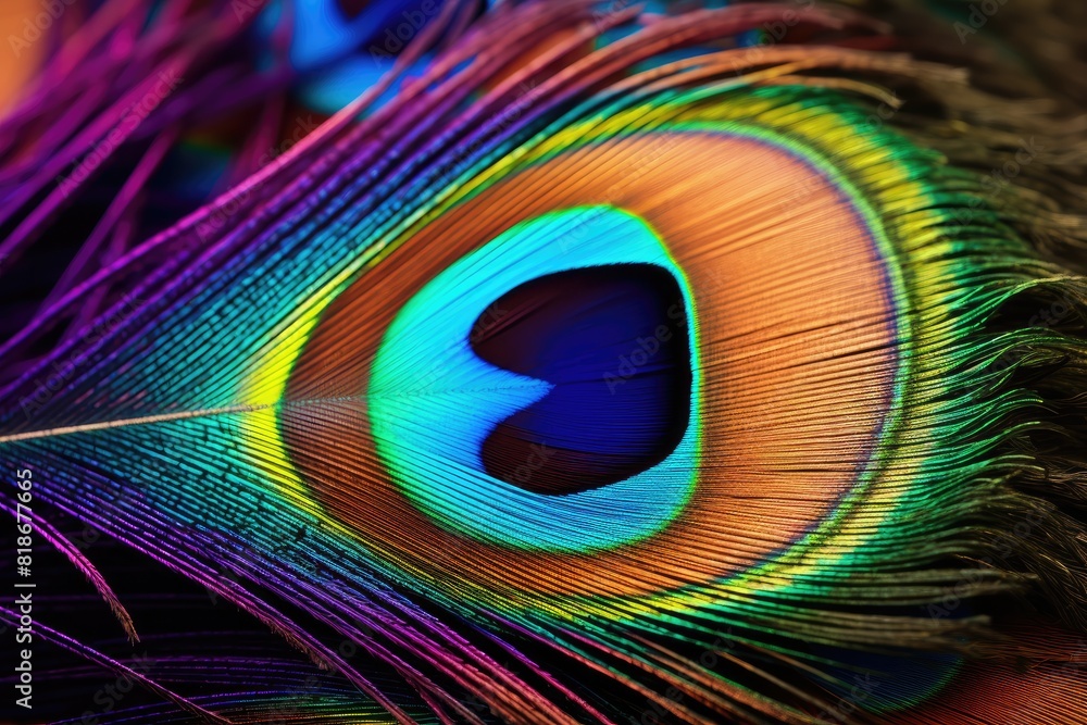 Fototapeta premium Detailed close-up shot of a colorful peacock feather showcasing its intricate patterns