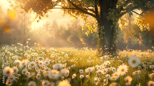 Ia meadow dotted with daisies and basking in the golden glow of the sun. photo