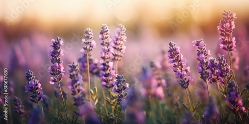 Lavender flowers in meadow. Lavender field at sunset, close up. Beautiful Floral background for greeting card for Birthday, Wedding, Woman's day, Mother's day