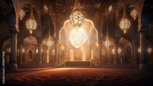  Illuminated crescent moon in ornate mosque interior