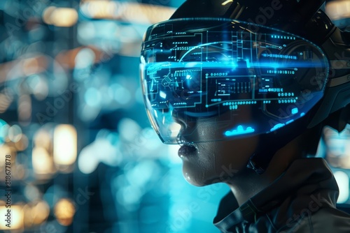 augmented reality technician future technology hologram virtual reality science fiction futuristic innovation work industry progress cyberpunk helmet visor 