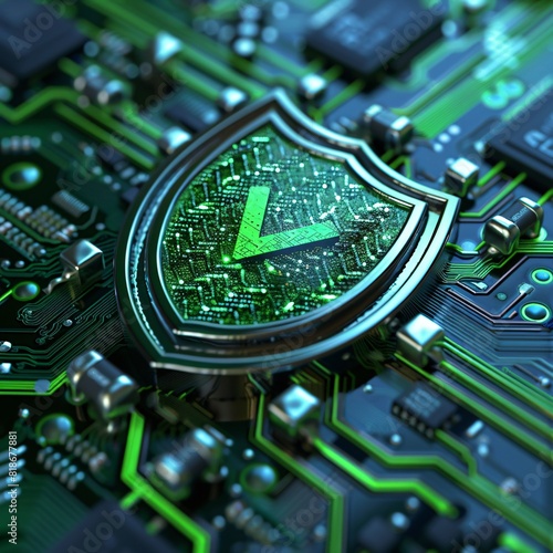 Close-up of a motherboard with a glowing green shield symbol representing cybersecurity  encryption  and data protection technology.