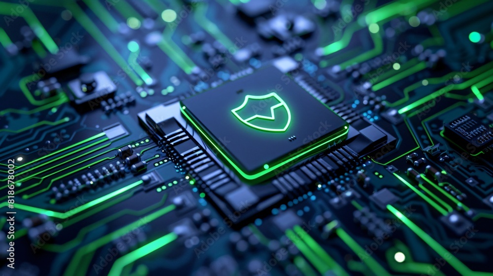 Close-up of a secure microchip with a shield icon illuminated in green, symbolizing digital security and protection. Close-up of a secure microchip with a shield icon illuminated in green, symbolizing digital security and protection.