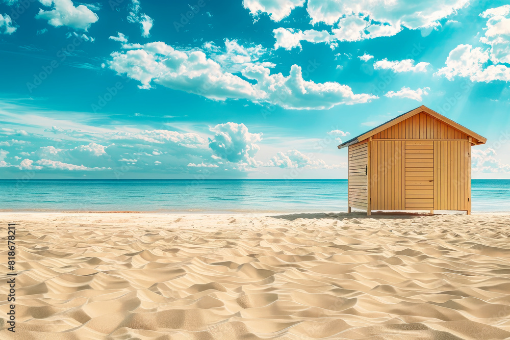 Small beach house on empty sandy beach under a blue sky. Small beach house on empty sandy beach under a blue sky.